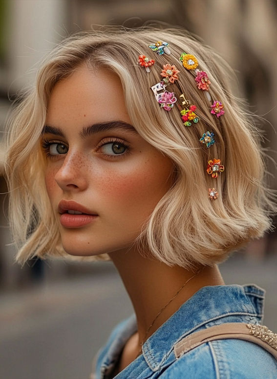 Blonde Bob with Whimsical Hair Accessories, bob hairstyle with hair clips, Effortless hairstyles for medium hair, Effortless hairstyles for long hair, Easy hairstyles to do yourself, Work hairstyles for medium hair, Work hairstyles for long hair