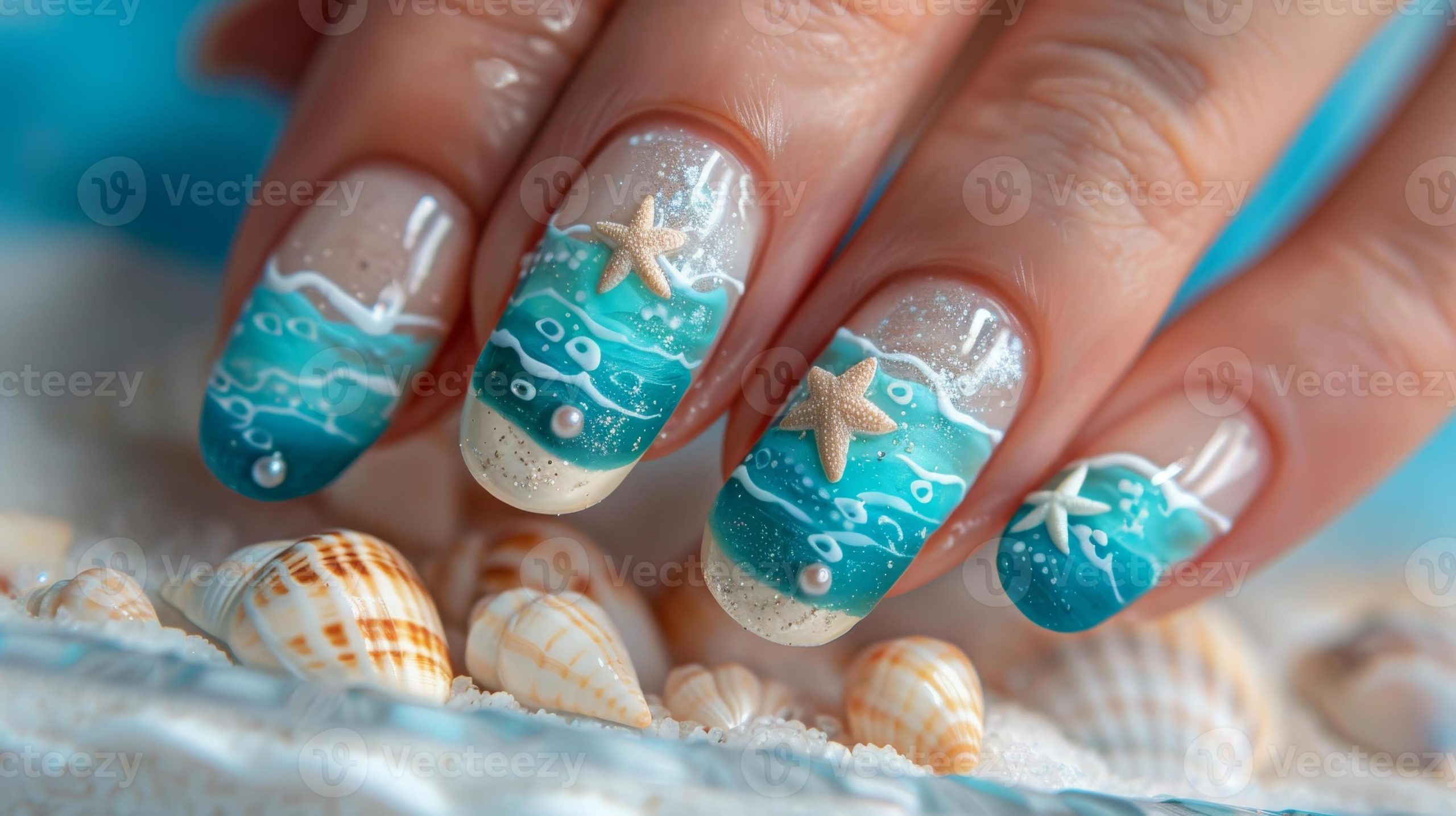 Summer Vacation Beach Themed Nail Art Design with Starfish and Shells,  Ideal for Nails, Nail Art Enthusiasts, and Creative Designs 48765264 Stock  Photo at Vecteezy